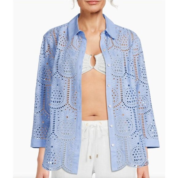 Lilly Pulitzer Gracee Pineapple Tile Eyelet Tunic Blue Shirt top size large - Picture 6 of 7